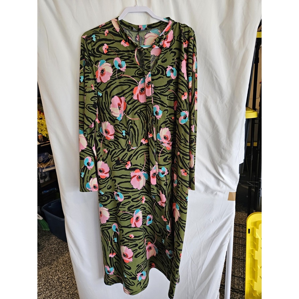 Eloquii Womens Plus 20 Green Leopard Floral Shirt Dress Balloon Sleeve Midi